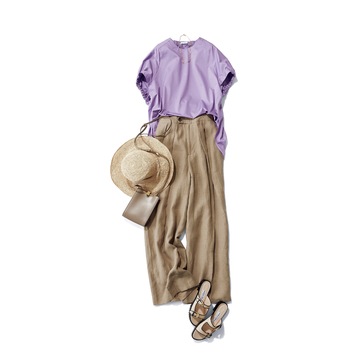 ラベンダー×ベージュの配色が生む色気とかっこよさで夏のカジュアルを格上げ。気温32℃｜7/17(水)【50代の毎日コーデ】