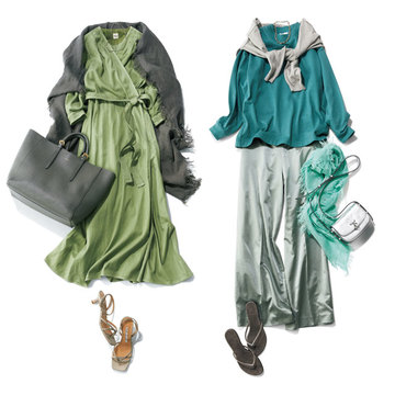 主役色グリーンはカーキやグレーとなじませるのが正解【かっこよく着映える「きれい色」コーデ】