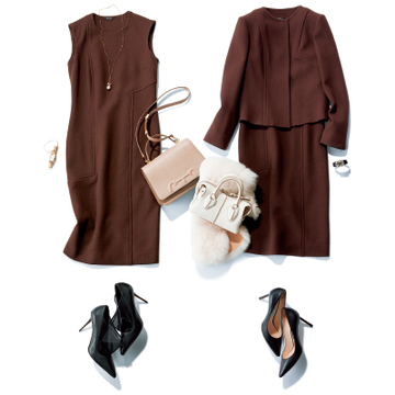 【小物で簡単にビジネスドレスアップコーデ③】ブラウンカラーのジャケット×ワンピース