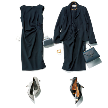 【小物で簡単にビジネスドレスアップコーデ①】ネイビーのジャケット×ワンピース