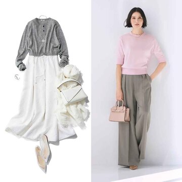 ふわっと広がる白のジャカードスカートから優しげなピンク×グレーのワンツーコーデまで【50代の1週間コーデ】
