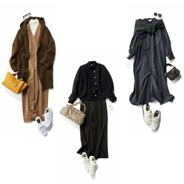 【白スニーカーコーデ3選】グレー、黒、ブラウンのワントーンコーデに映える“冬の白”