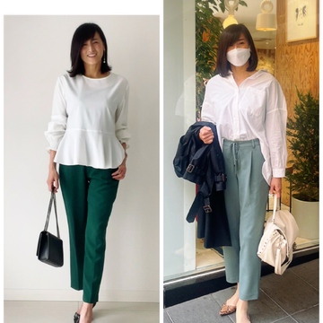 白シャツ&ブラウス×グリーンパンツで春スタイル