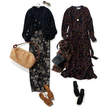 インパクトのある柄ものは、ブラックベースでまとめてコーデに新鮮さを【半分ブラックのセオリー】