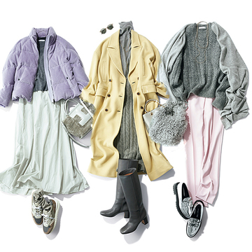 冬を華やかに彩る、グレー×ペールトーンのコーデ3選