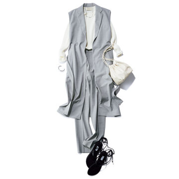 パンツの脚長効果をねらうなら、ロングジレをセットで着てスタイルとおしゃれ度もアップ