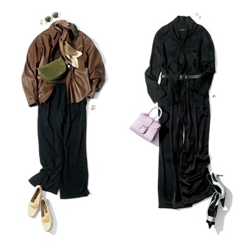 品格と洗練さを兼ね備えた「ツヤ感ドレープパンツ」コーデ2選【オンオフで頼れる優雅な「黒パンツ」】