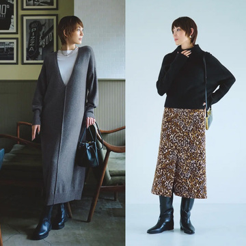 リラクシーなニットワンピースコーデから黒ニット×レオパード柄スカートコーデまで【50代の1週間コーデ】 