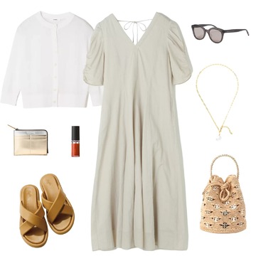 【50代 週末コーデ】ボリュームスリーブが美しい涼感ワンピースをベージュトーンでエレガントに＃Jマダムのおしゃれ