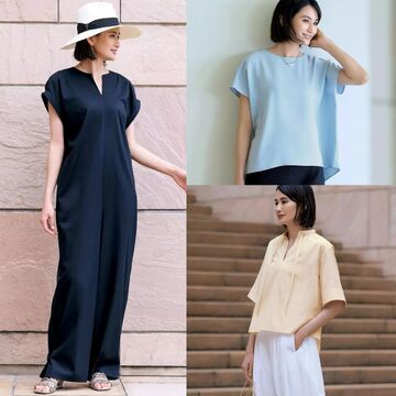 ワンピースやパンツなど、ゆとりのあるシルエットで体型を気にせず自信を持って着こなせる「50代の夏コーデ」