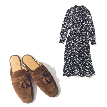 どんなシーンも心強い「エンポリオ アルマーニ」のワンピース&ハンサムな「チャーチ」のスエードミュールで夏スタイルを楽しむ！