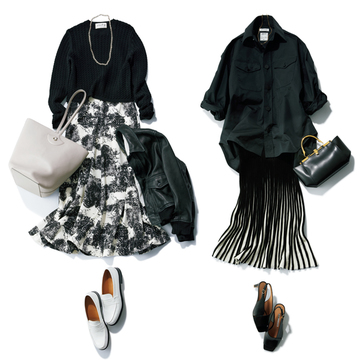 モノトーンは白黒の配分で辛甘バランスが変わる！【柄スカートの着こなし新ルール】