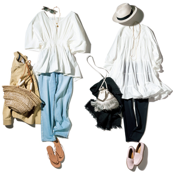 ボリュームギャザーの白ブラウスでカジュアルを底上げ【瞬間着映え服でおしゃれに】