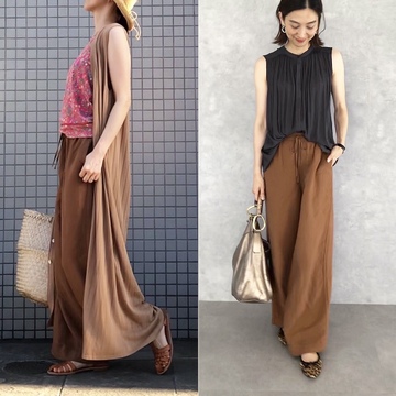 リネンの渋色パンツで、コーデあれこれ。