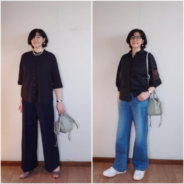 季節の変わりめ／黒トップスとユニクロデニム