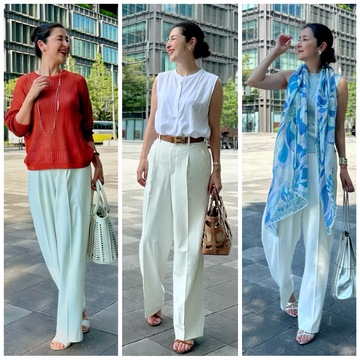 爽やかで品よく見えてお気に入り♪白のUNIQLOタックワイドパンツ夏のコーディネート