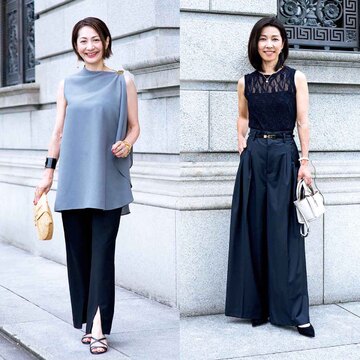 酷暑をおしゃれに乗り切る！50代のお出かけ「ノースリーブ」スタイル【エクラ華組・夏のおしゃれSNAP】