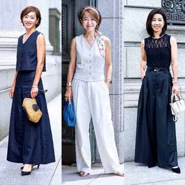 ノースリーブ×ワイドパンツの着こなしが人気！すっきり見えも叶えてくれる夏の50代快適スタイル【エクラ華組・夏のおしゃれSNAP】