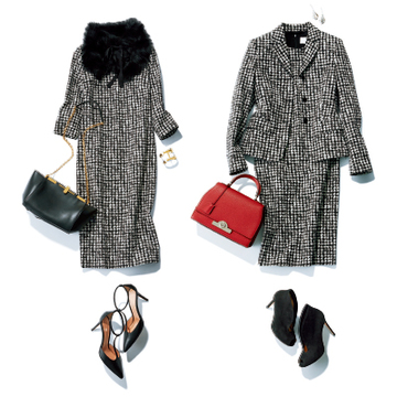 【小物で簡単にビジネスドレスアップコーデ②】ハウンドトゥース柄のジャケット×ワンピース