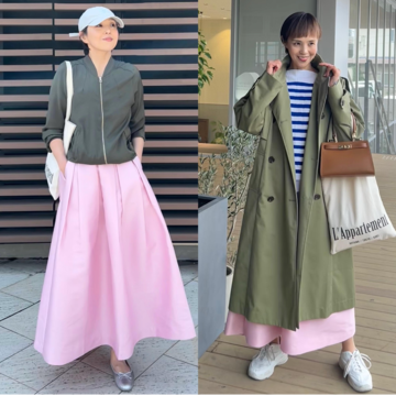 ピンク×カーキでお花見コーデ