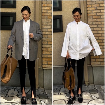 H&M studioのブラウスにマニッシュなリサイクルジャケットを合わせました