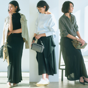 【アラフィーの黒スカートコーデ4選】クールな色×甘めディティールで装いにほんのり華やかさを！