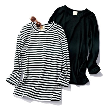 涼しく着られて体型もすっきり見え！あると便利な「raspail」七分袖リブカットソー、「E by éclat」袖ボリュームブラウス