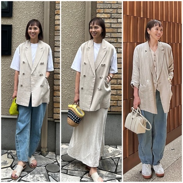 コーデの主役は麻です。麻は大人が着こなせる特権素材。 麻100%のジャケット&ジレ