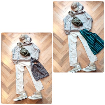 ベージュコーデとショッピングバック