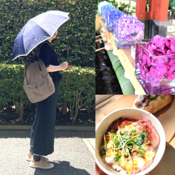 ちょこっとリメイクしたGUドライワイド黒Tシャツで、氷川神社をお散歩。日傘の出番もやってきました！