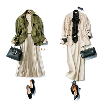 大人らしい落ち着き感のある「短めアウター×ベージュスカート」コーデ2選【春のはおりもの新法則】