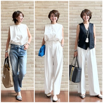 大人気！E by éclat 華奢見えノースリーブ＆ワイドタックパンツ4 styling　