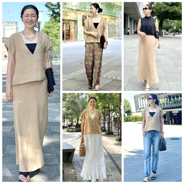 セットでも単品でも着映える♪E by éclat「リネンコンパクトジレ＆フレアスカート」のセットアップコーディネート