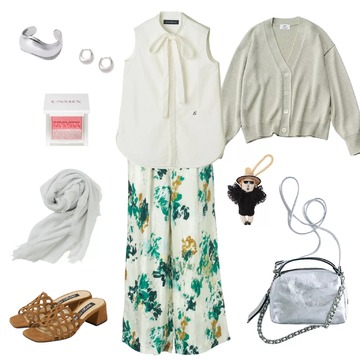 【50代 週末コーデ】花柄をアクセントに爽やかなホワイトベースの春コーデ