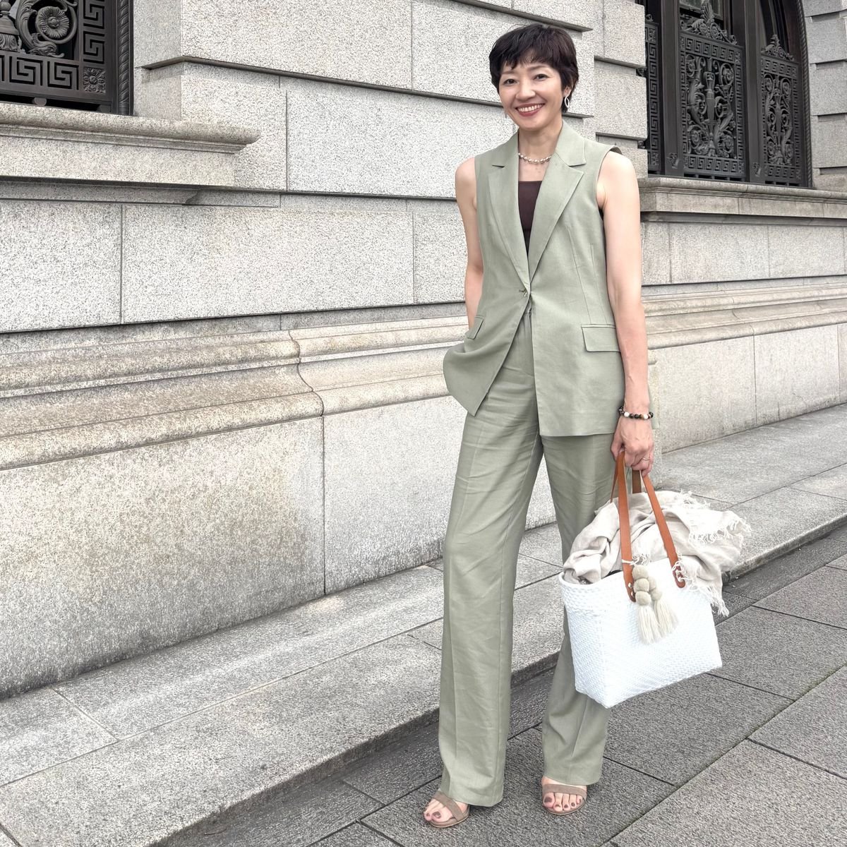 【50代のZARA】リネンセットアップで完成する爽やかで上品なスタイルアップコーデ