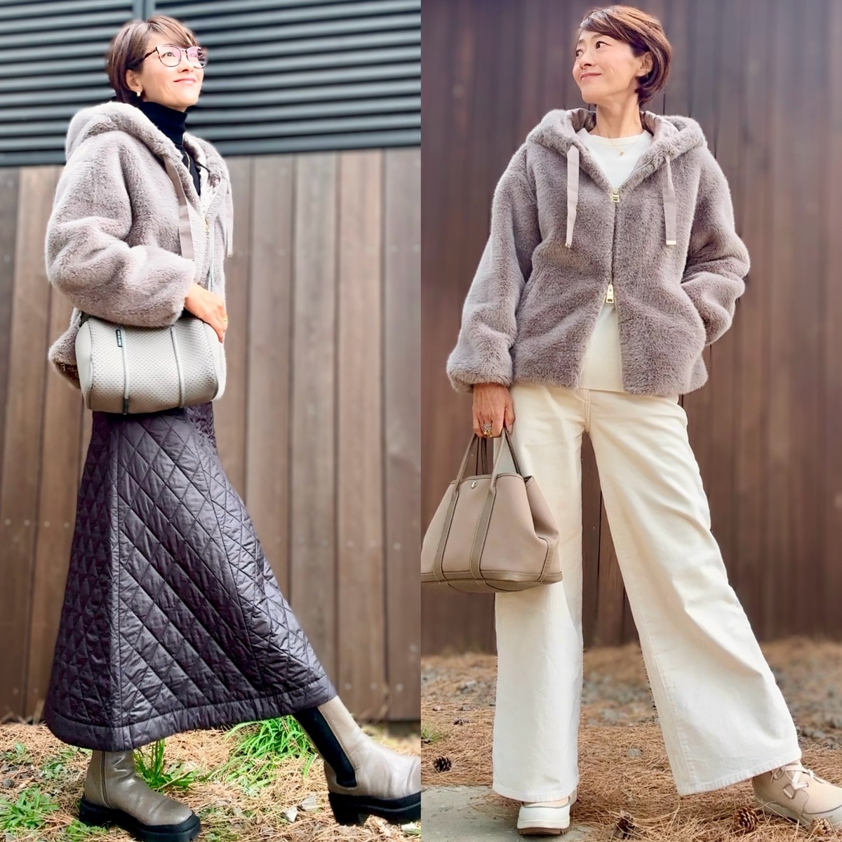 ヘルノのファーブルゾンが主役！「オールブラック×スカート」&「オールホワイト×パンツ」コーデ