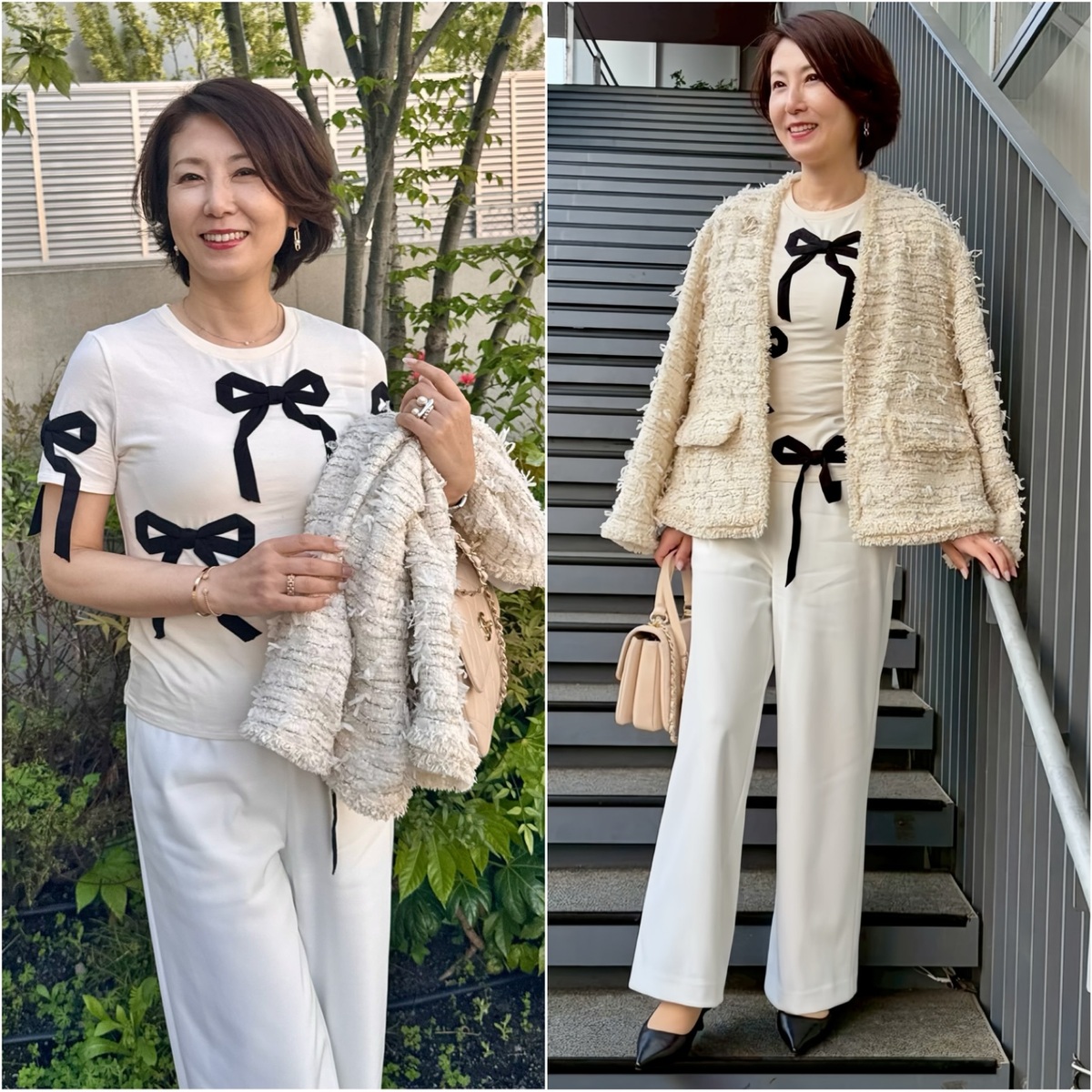 50代コーデ｜リボンTシャツ×白パンツで自由が丘ベトナム料理ランチ【エクラ華組】