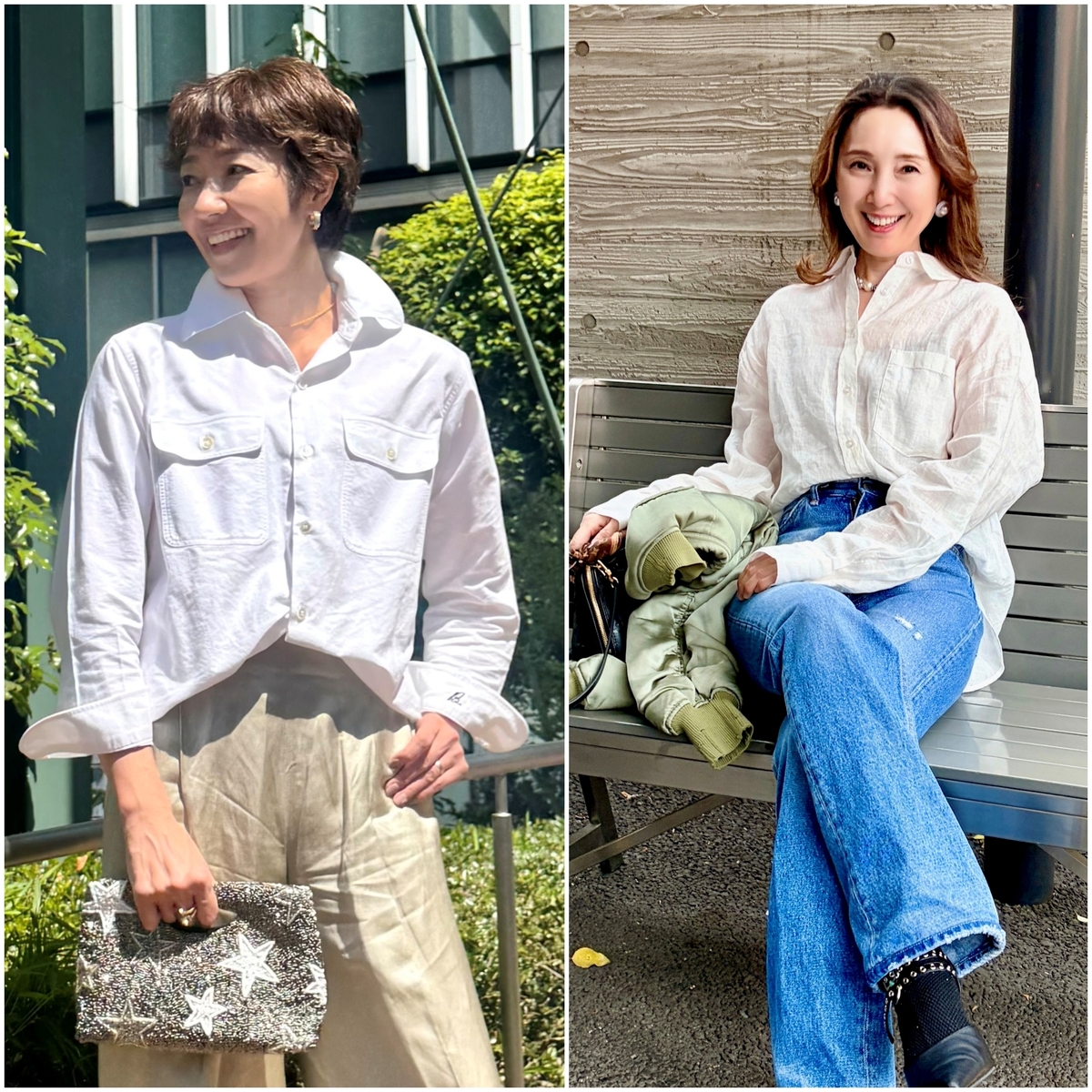 装いに爽やかさと清潔感をプラス。おしゃれな40代・50代は夏の定番ワードローブ「白シャツ」をどう着る？