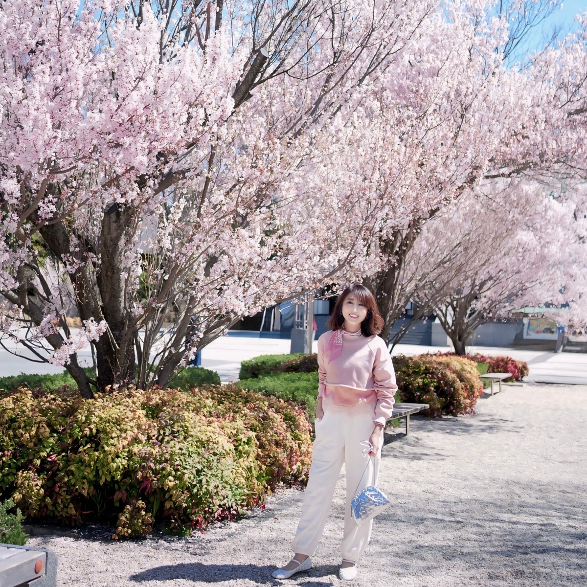 桜をめぐる、春色レースキャミで大人スウェットコーデ