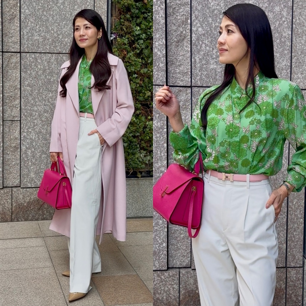 40代【春コーデ】春は色で遊ぶ、ピンク×グリーン×ホワイト大の人の多幸感あふれるカラーコーディネート